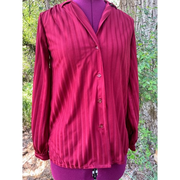 Vintage 1970s Womens Button Blouse Burgundy Red Striped - Picture 4 of 12
